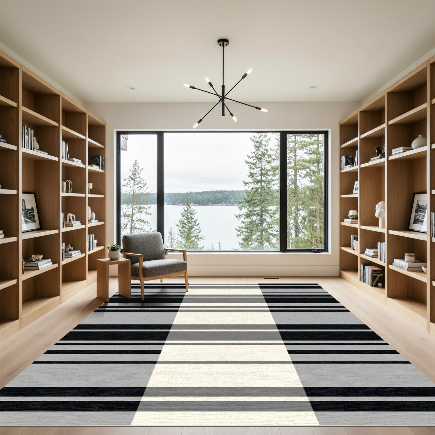 Modern Black Gray Cream Stripe Rug