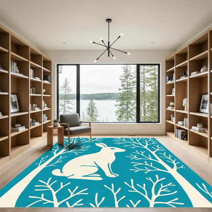 Blue Cream Rabbit Forest Scene Rug