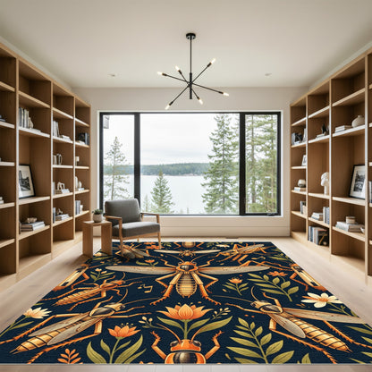 Golden Insect Garden on Navy Background Rug