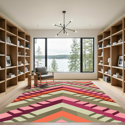 Geometric Stairs Pink Orange Khaki Rug