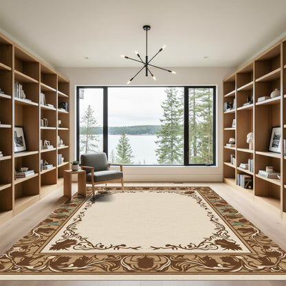 Brown Tan Floral Frame Border Rug
