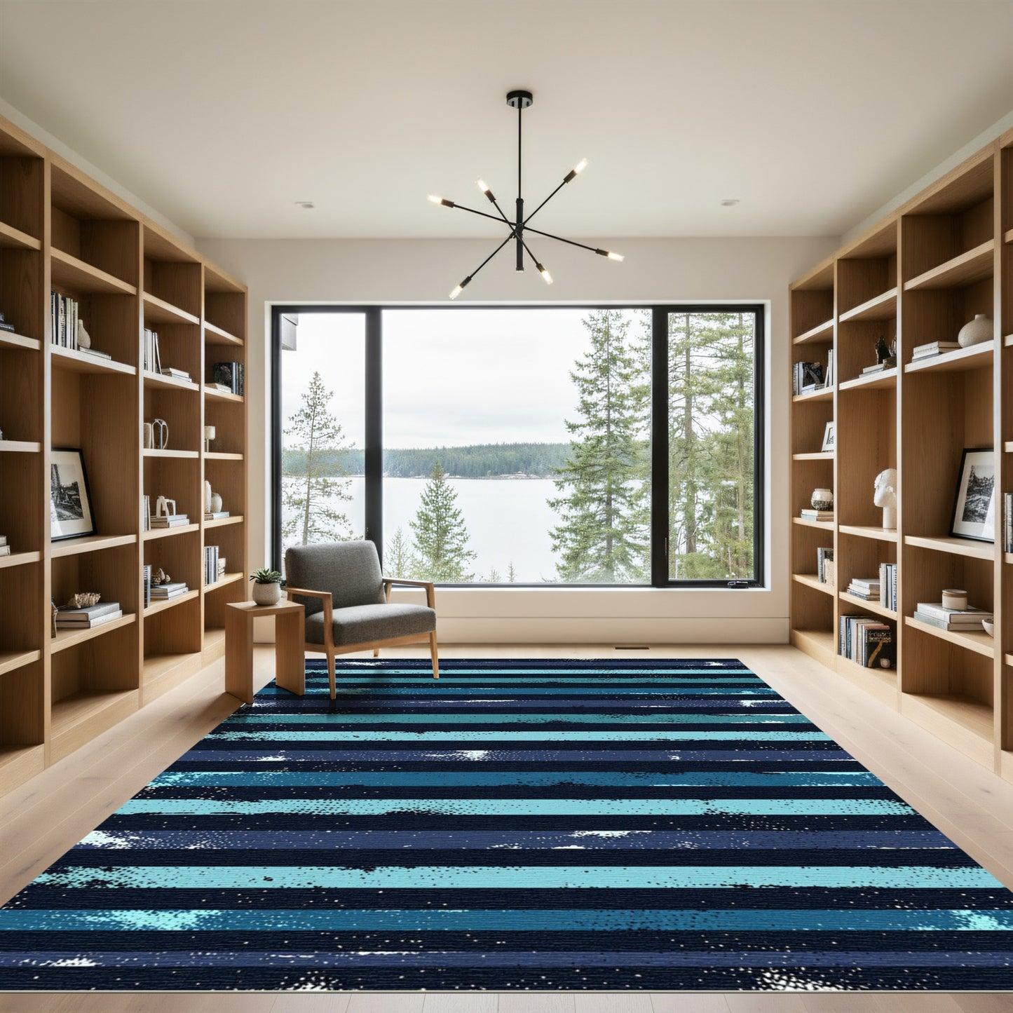 Modern Navy and Teal Distressed Stripe Rug