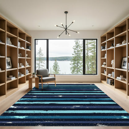 Modern Navy and Teal Distressed Stripe Rug