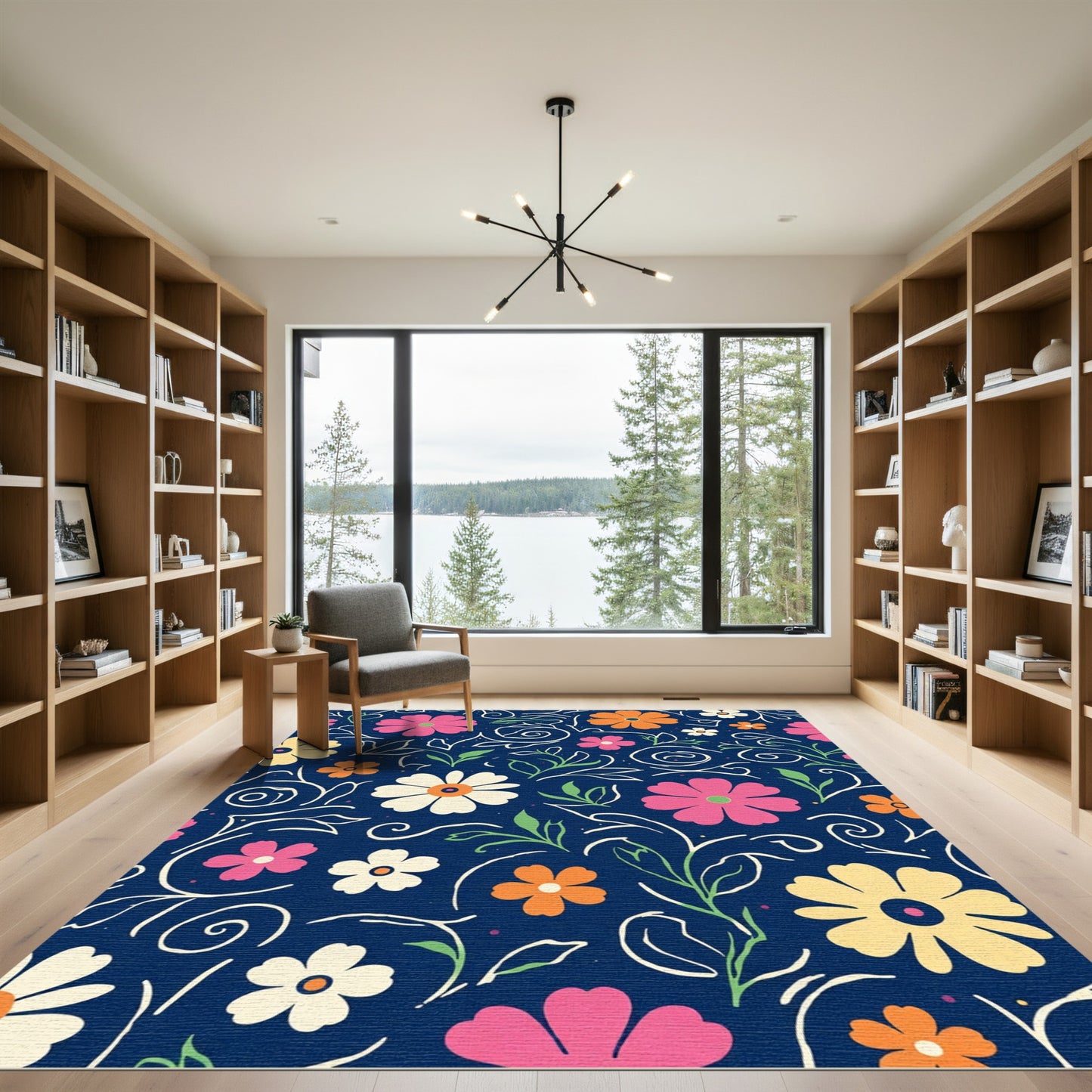 Dark Blue Floral Swirl Garden Rug