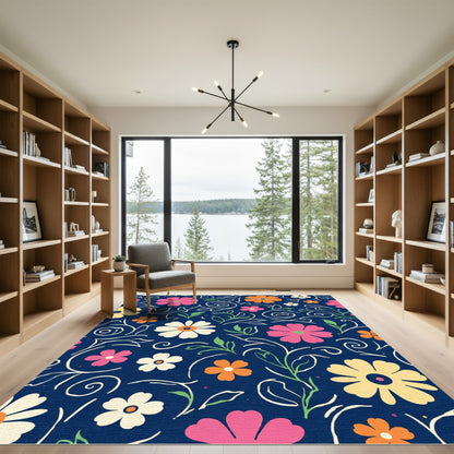 Dark Blue Floral Swirl Garden Rug