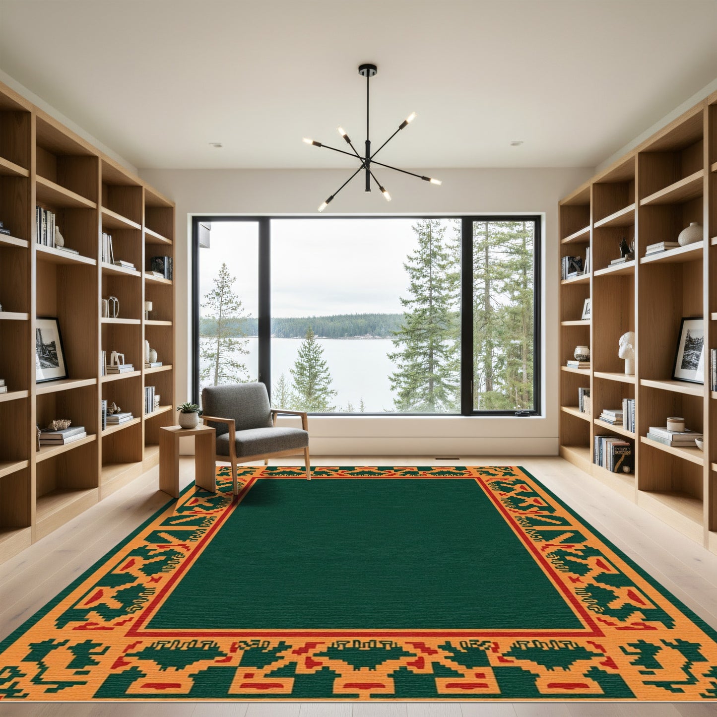 Bold Ochre Red Geometric Border Rug
