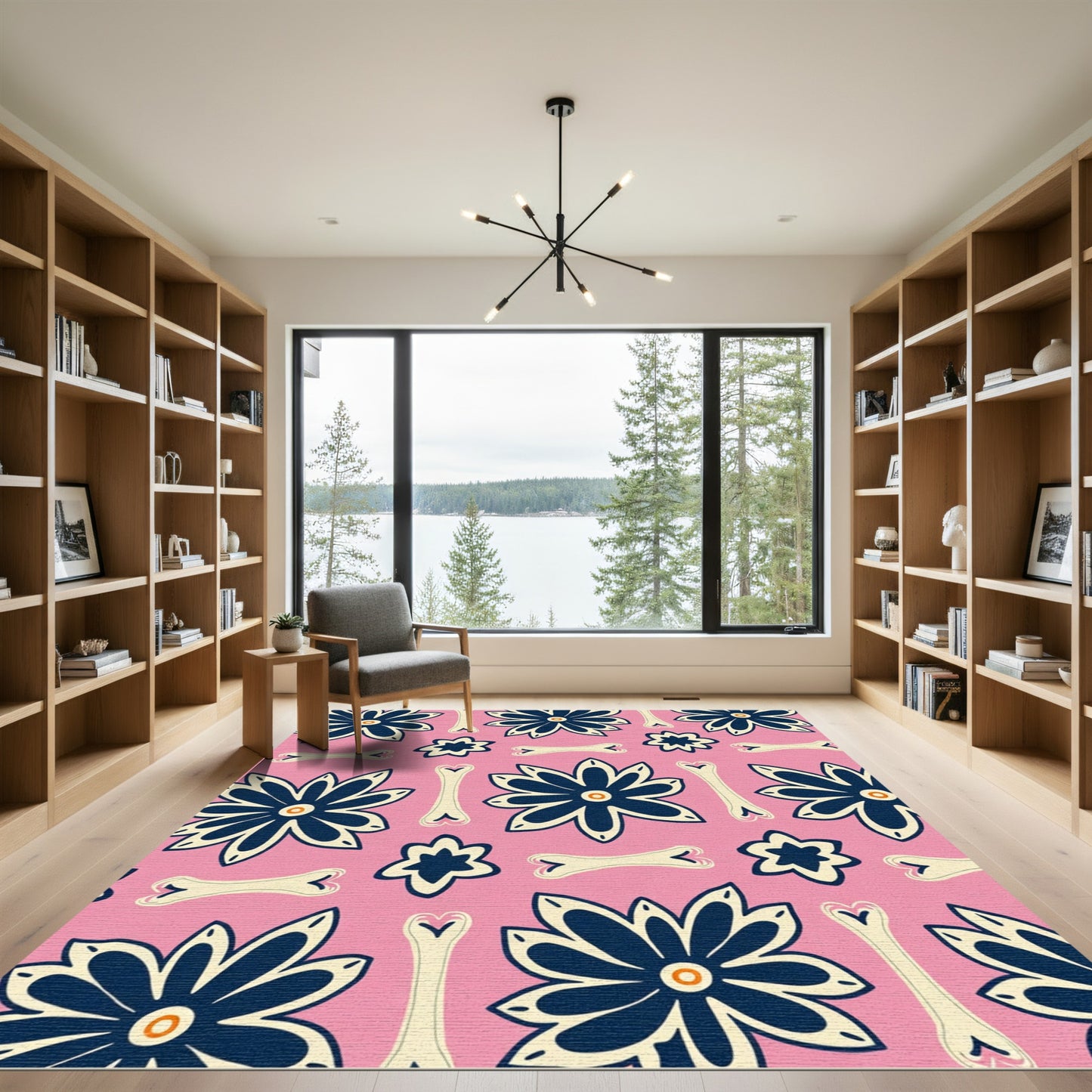 Bold Navy Floral Bone Pattern Rug