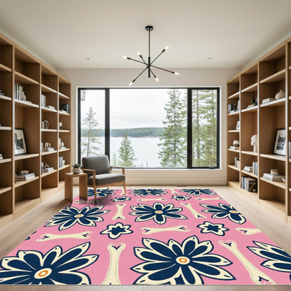 Bold Navy Floral Bone Pattern Rug