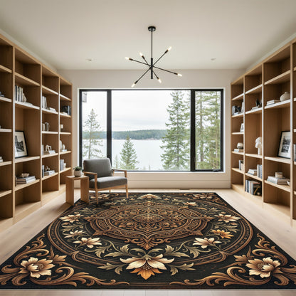 Ornate Golden Floral Circular Medallion Rug