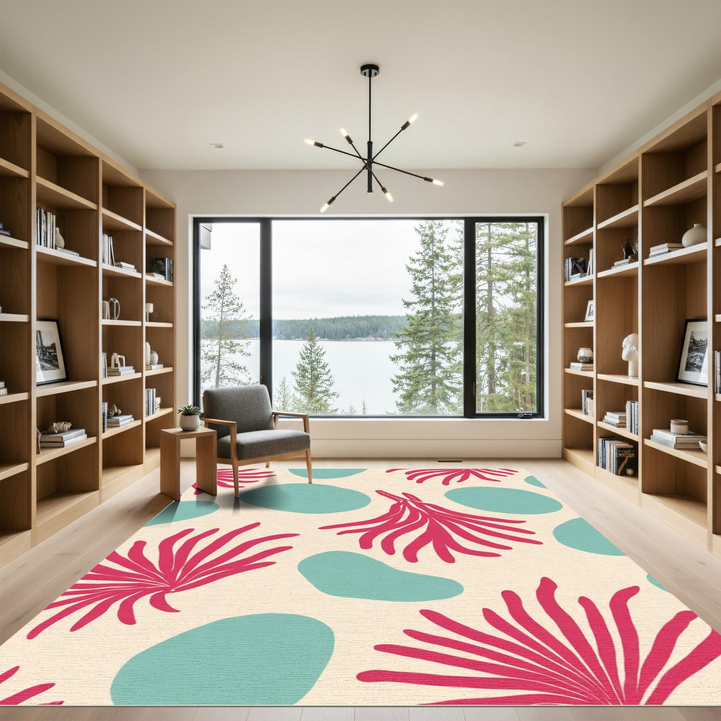 Coral Abstract Shapes With Spiky Blooms Rug
