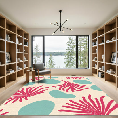 Coral Abstract Shapes With Spiky Blooms Rug