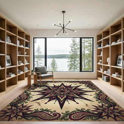 Burgundy Gold Starburst Paisley Border Rug