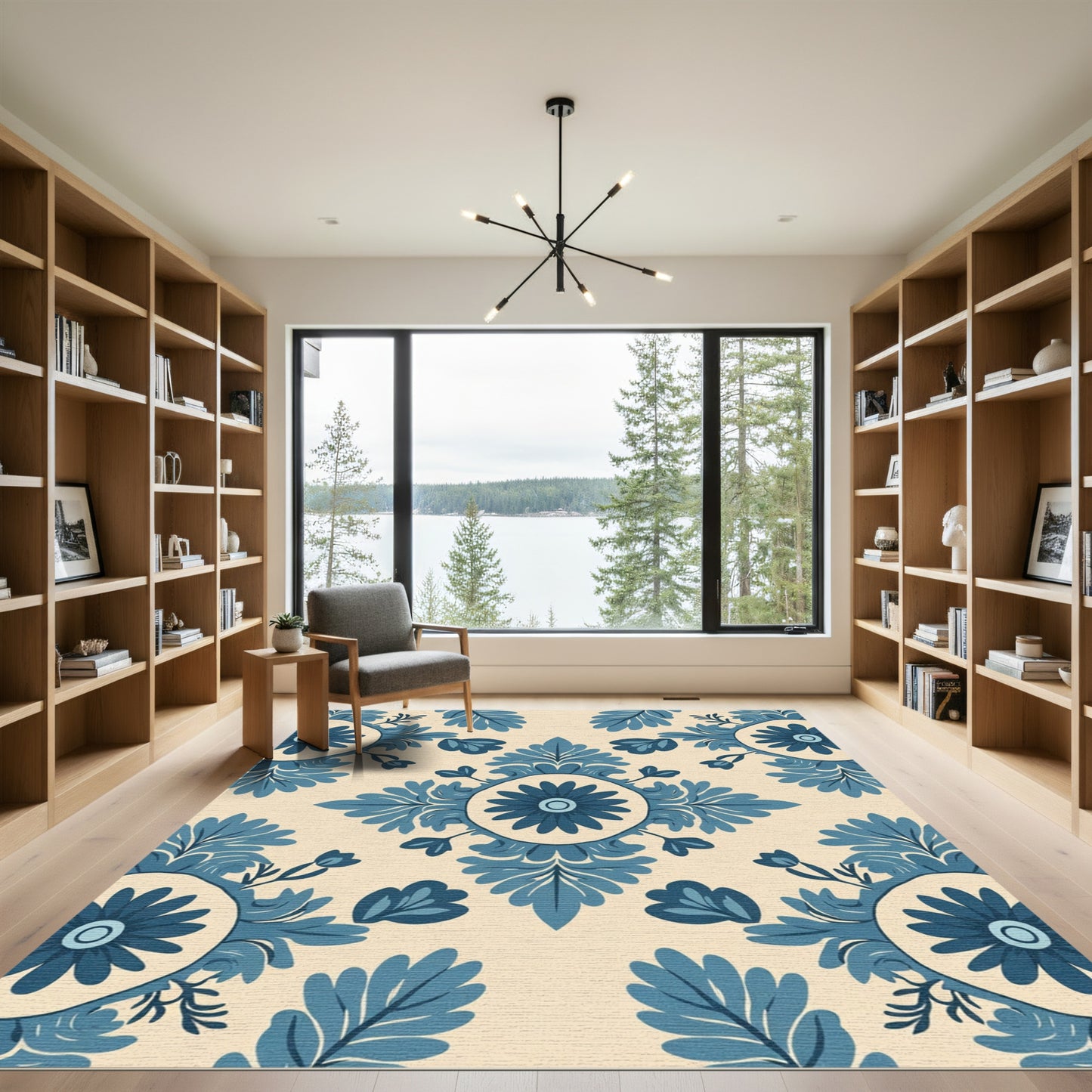 Blue Floral Medallion Cream Background Rug