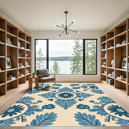 Blue Floral Medallion Cream Background Rug