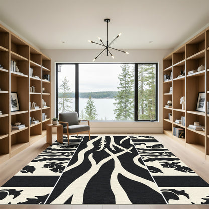 Abstract Cream Black Branch Composition Rug