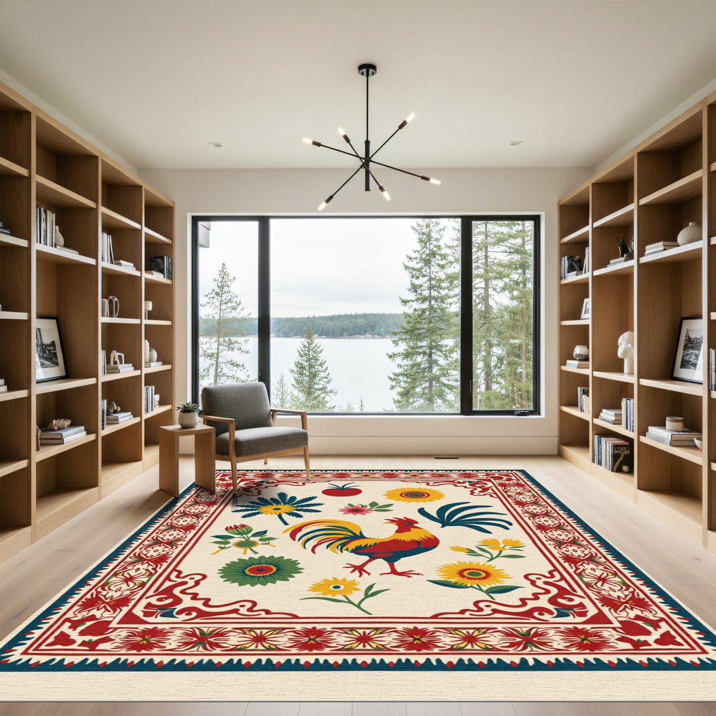 Rooster Floral Border Cream Rug