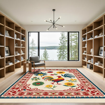 Rooster Floral Border Cream Rug