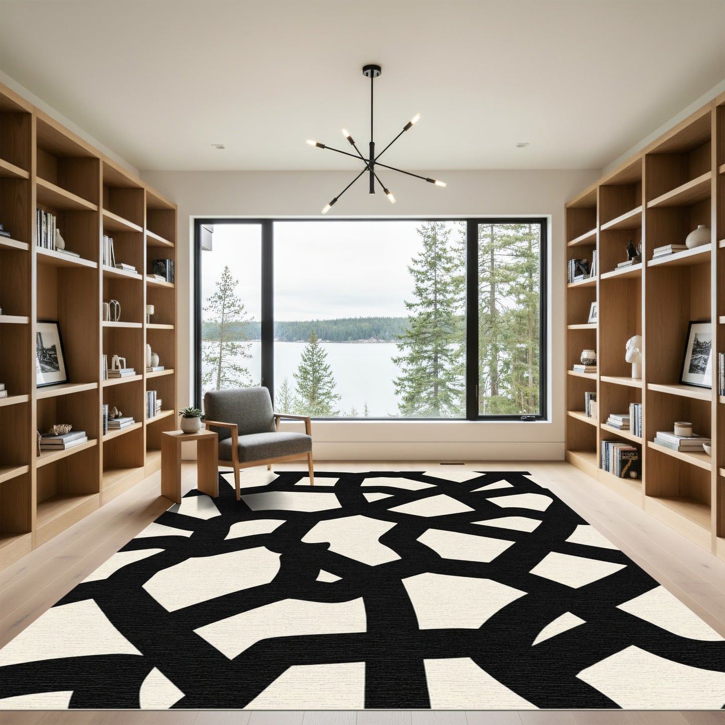 Modern Black Intertwined Organic Shapes Rug