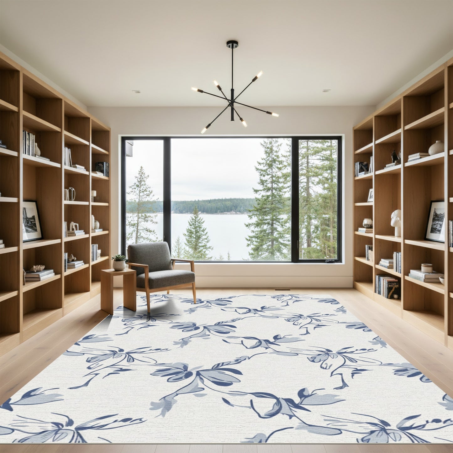 Indigo Blue Abstract Floral Swirl Rug