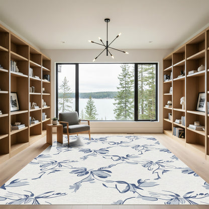 Indigo Blue Abstract Floral Swirl Rug