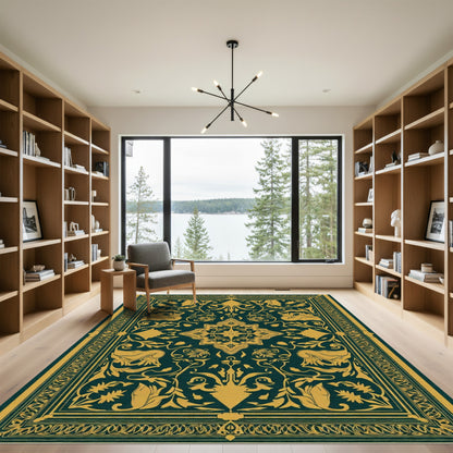Regal Teal Golden Floral Medallion Rug