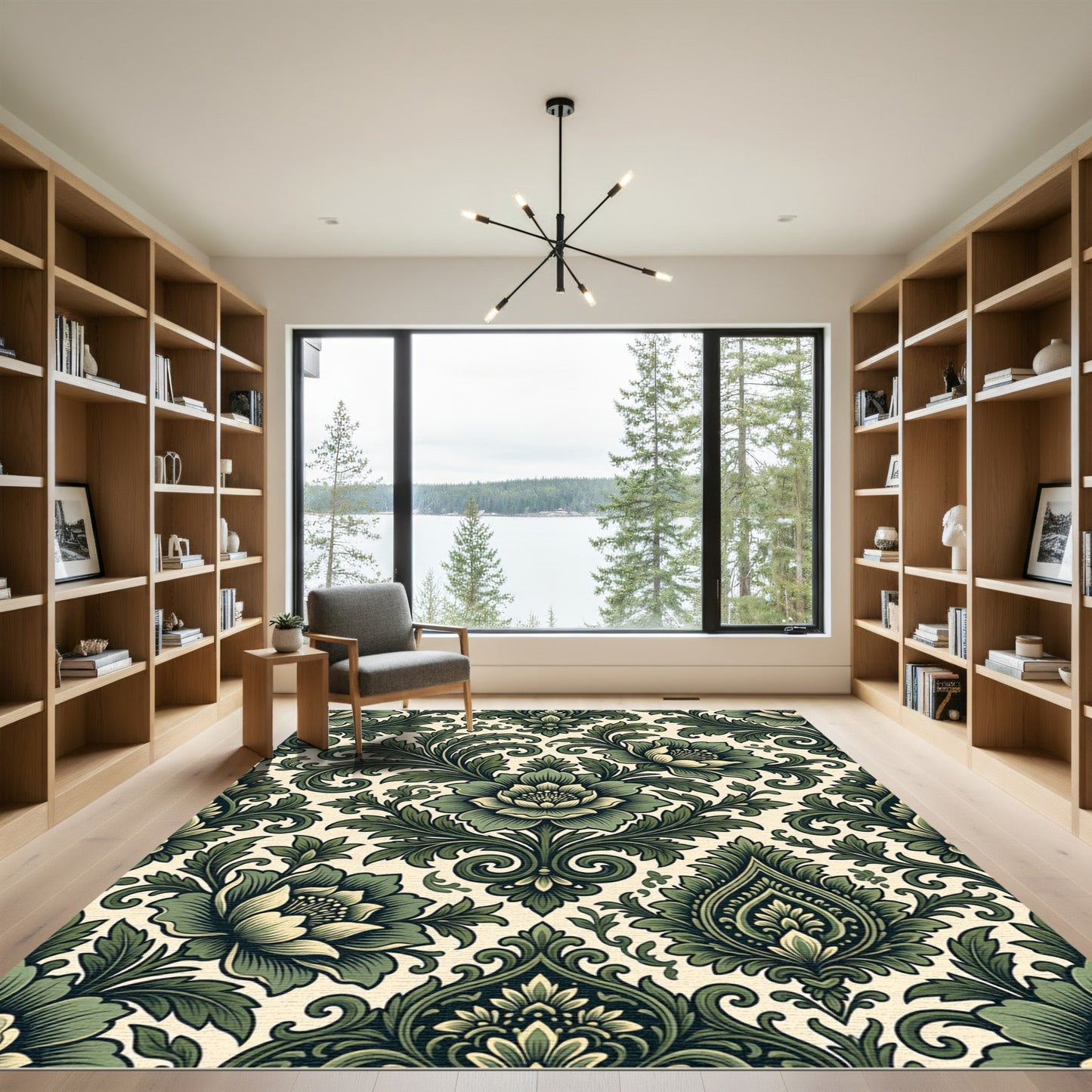 Elegant Forest Green Damask Floral Rug