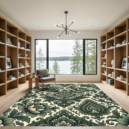 Elegant Forest Green Damask Floral Rug