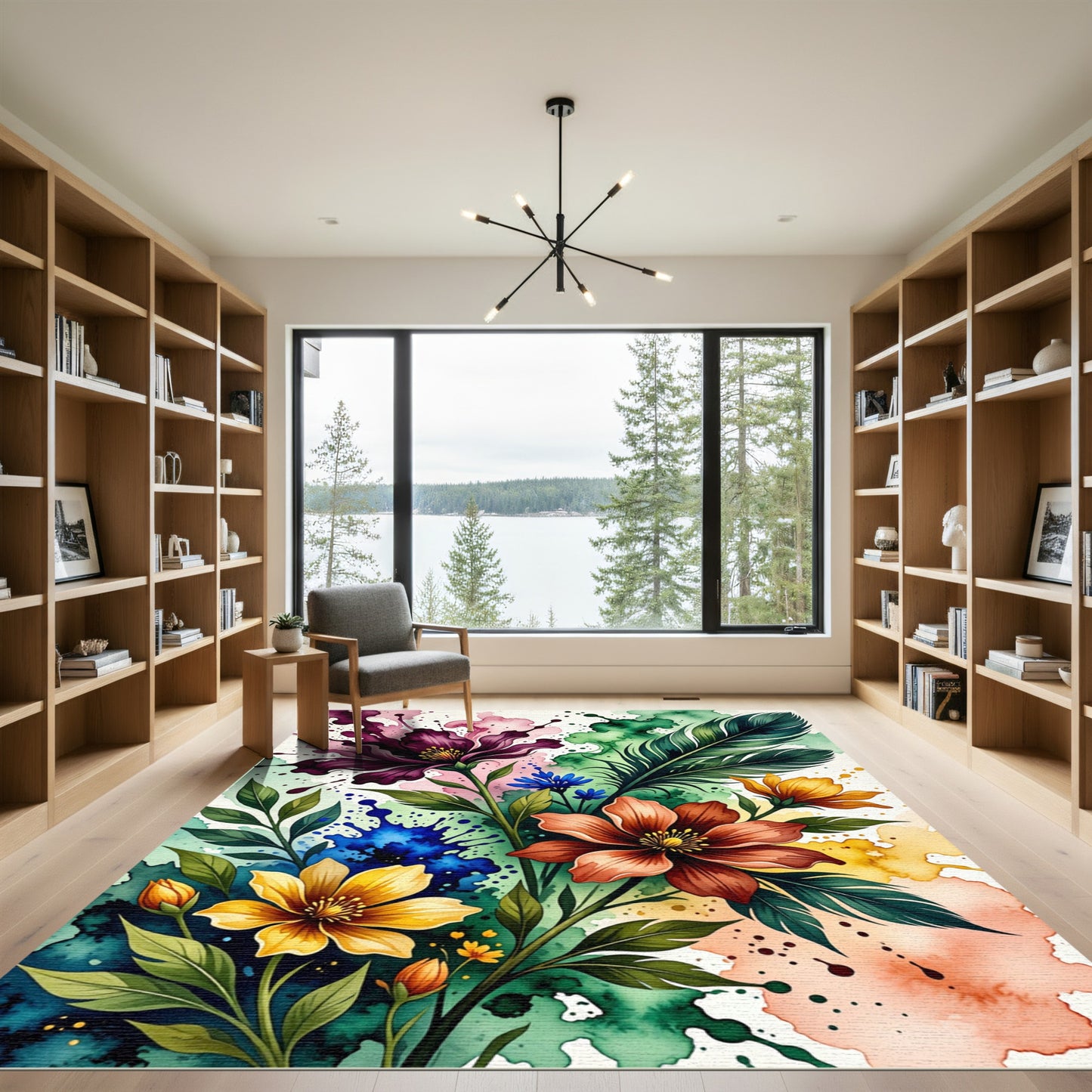 Vibrant Watercolor Botanical Feather Bouquet Rug