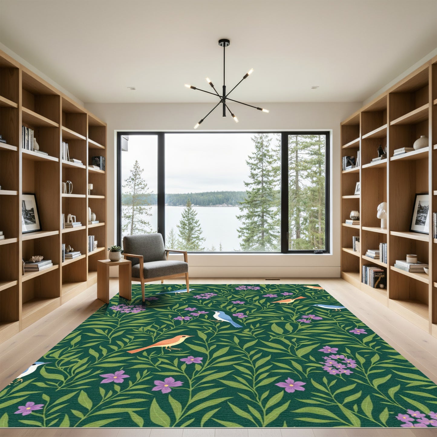Whimsical Birds Amidst Greenery and Lilac Blooms Rug