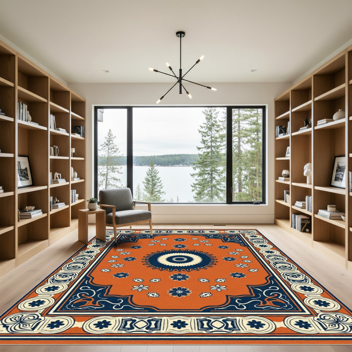Orange and Navy Floral Medallion Rug