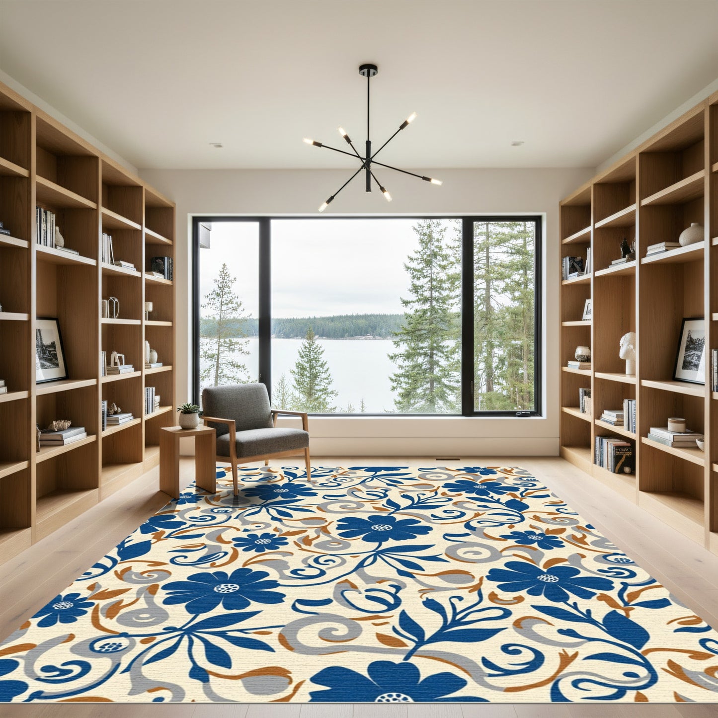 Navy Blue Floral Swirl Scrolling Vines Rug