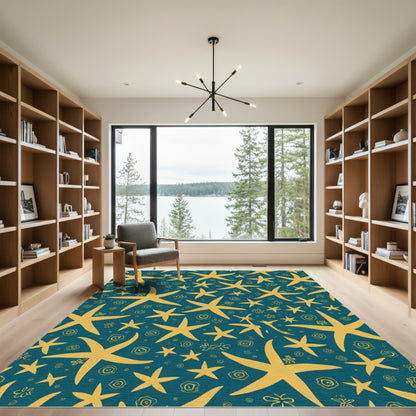 Golden Starfish Teal Repeating Sea Creatures Rug