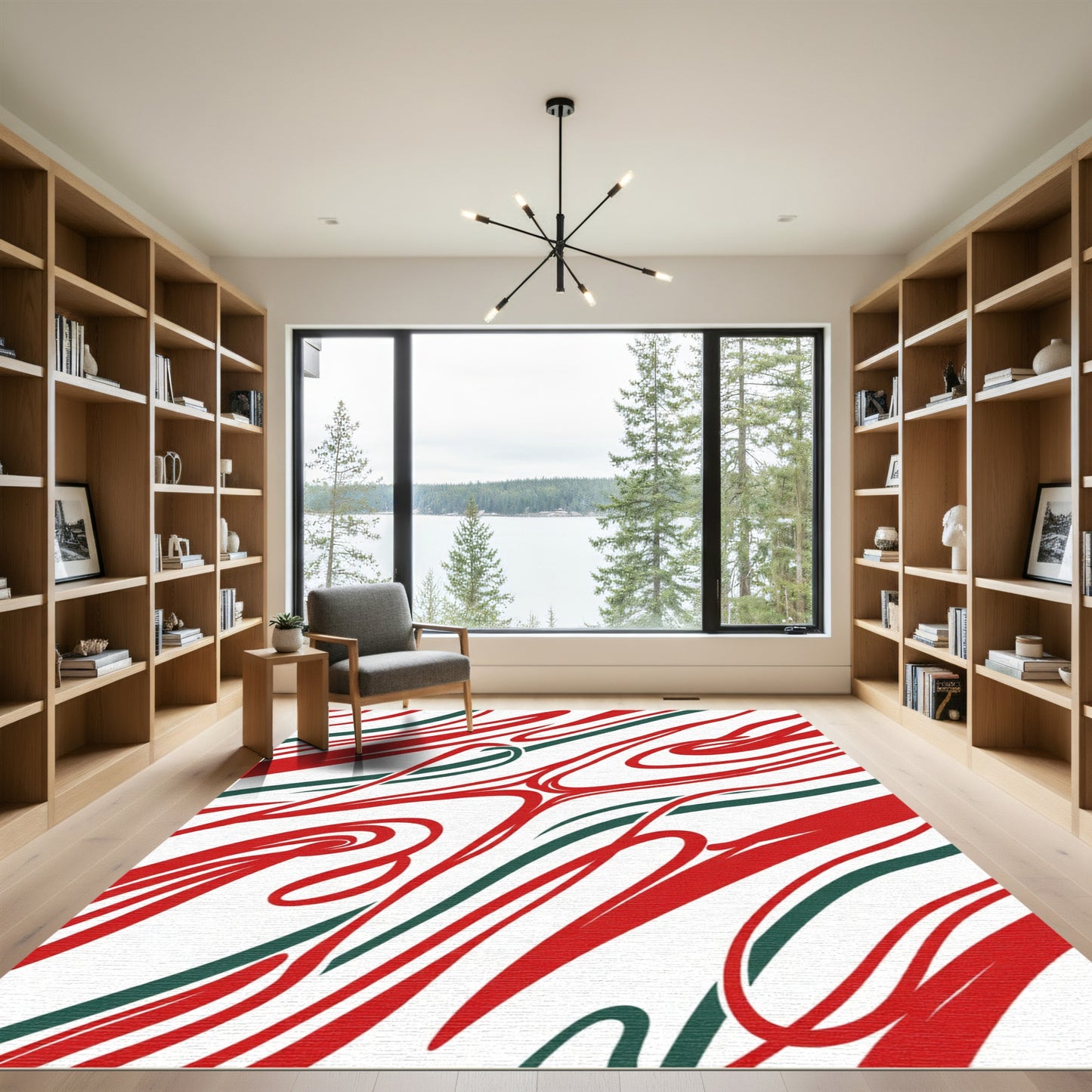 Crimson Green Swirl Abstract Rug