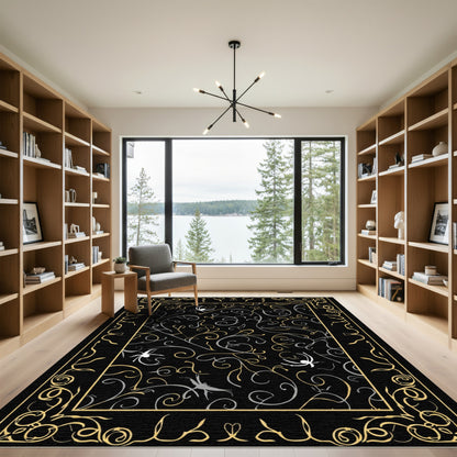 Ornate Black Gold Silver Vine Spider Rug