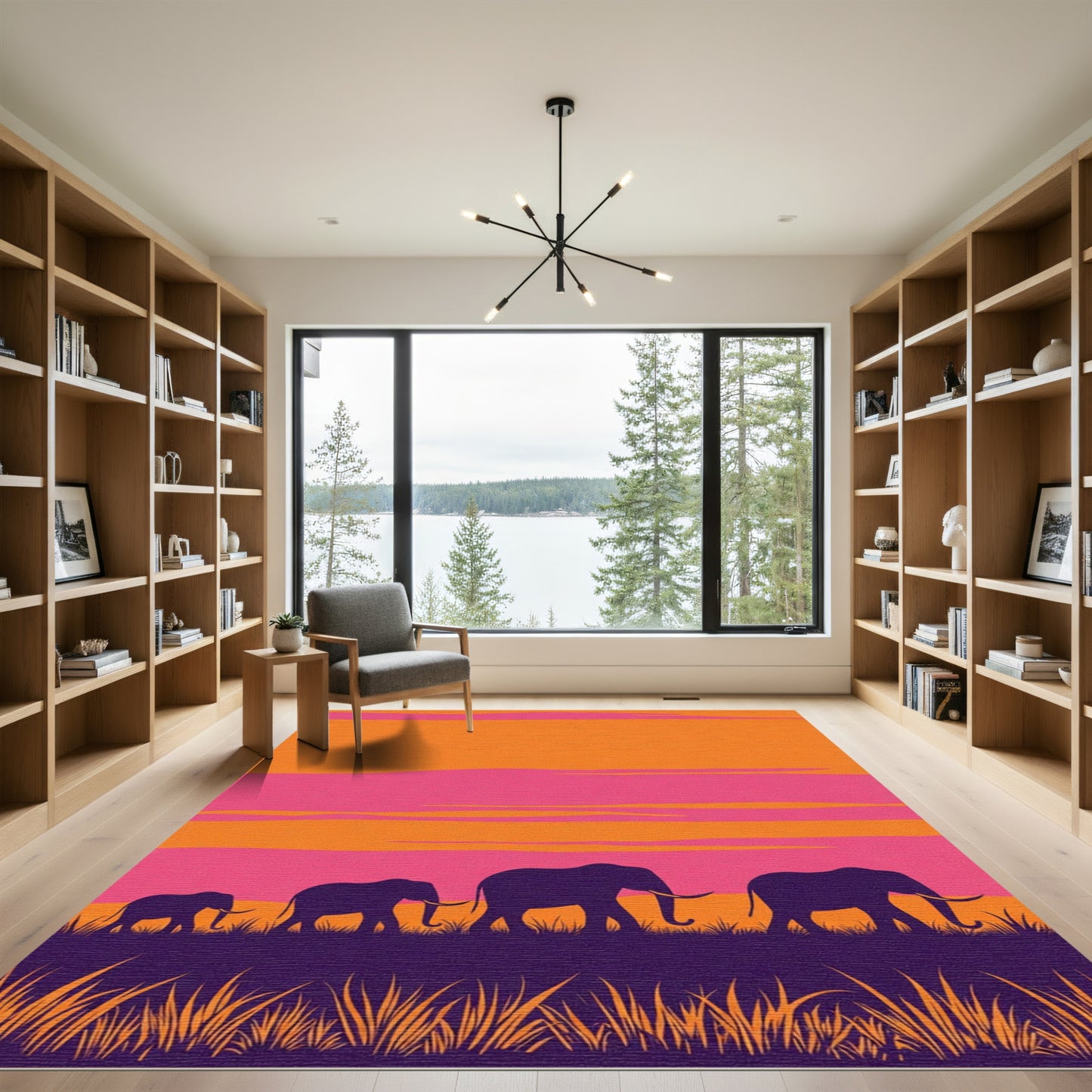 Vibrant Elephant Herd Sunset Silhouette Rug