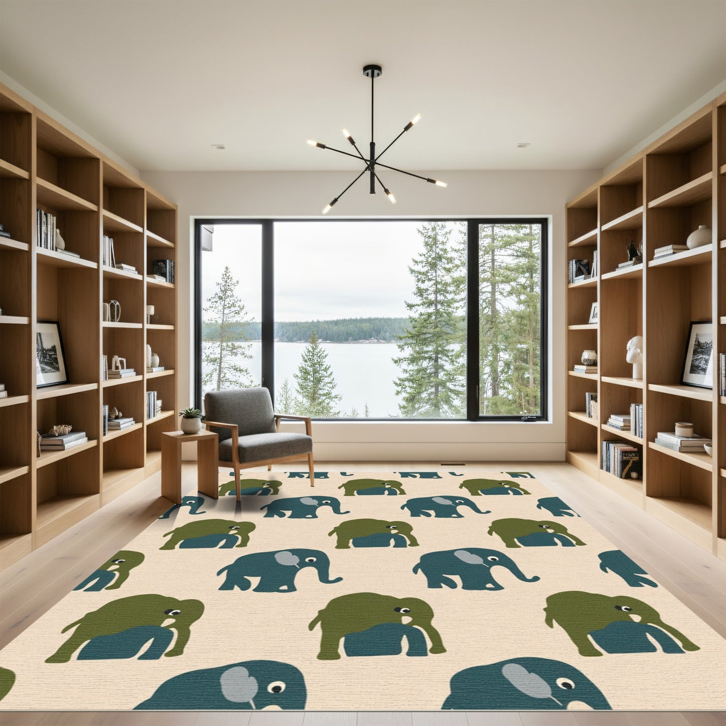Teal Olive Elephant Repeating Pattern Rug