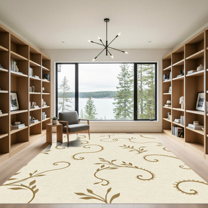 Cream Brown Botanical Swirl Vines Rug