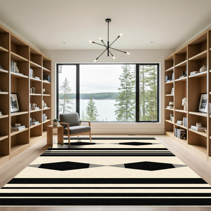 Cream Black Geometric Diamond Striped Rug