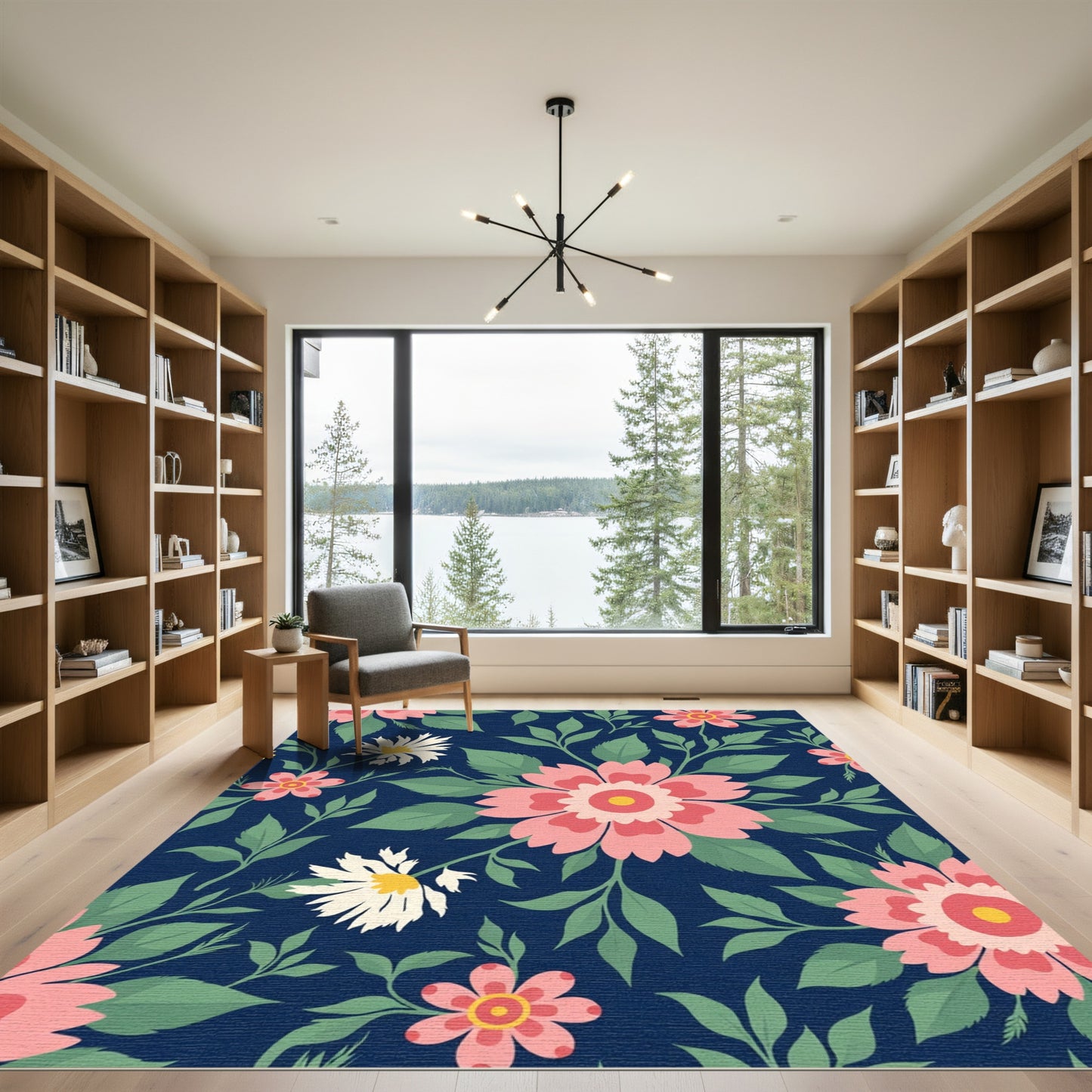 Navy Blue Pink Floral Botanical Garden Rug