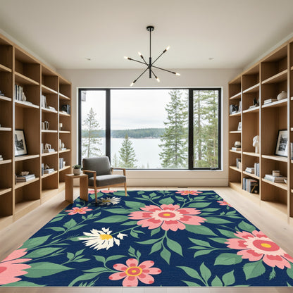 Navy Blue Pink Floral Botanical Garden Rug