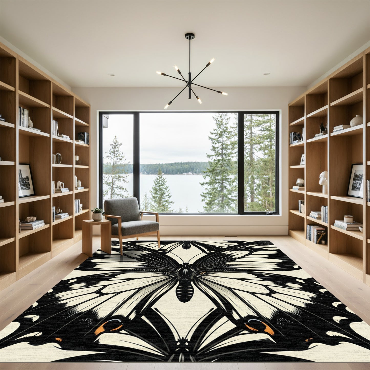 Monochrome Butterfly Illustration Black White Art Rug