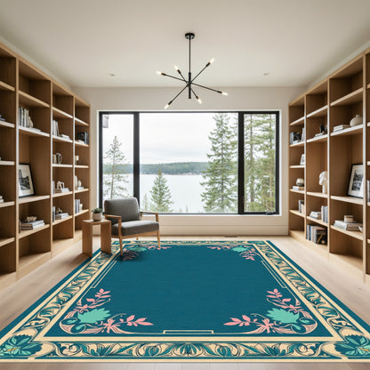 Art Nouveau Teal Floral Border Rug