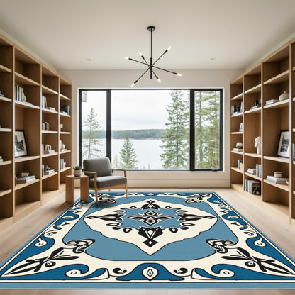 Ornate Blue Ivory Botanical Scroll Rug
