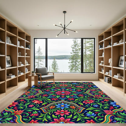 Vibrant Floral Medallion with Deep Indigo Rug