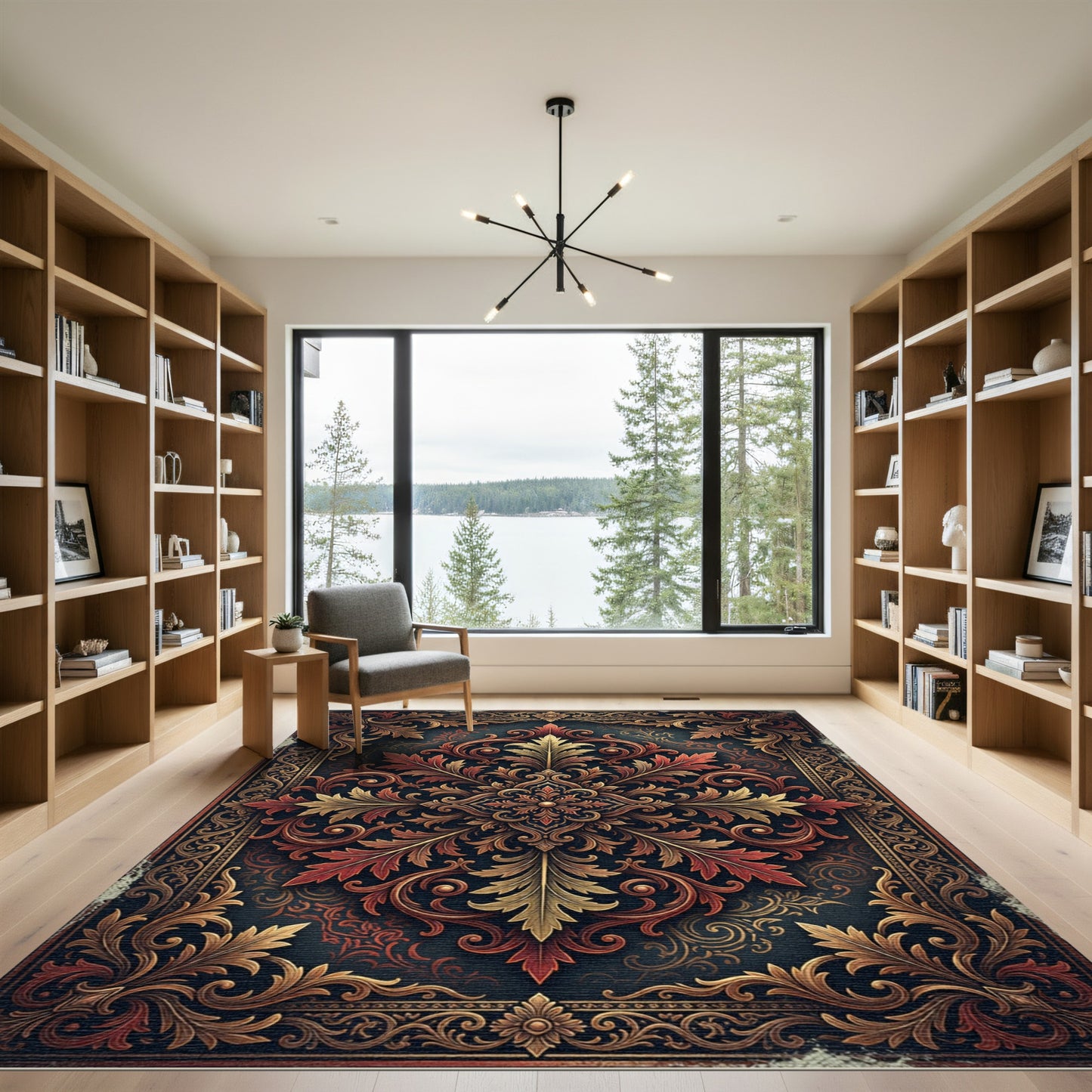 Ornate Crimson and Gold Damask Medallion Rug