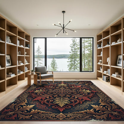 Ornate Crimson and Gold Damask Medallion Rug