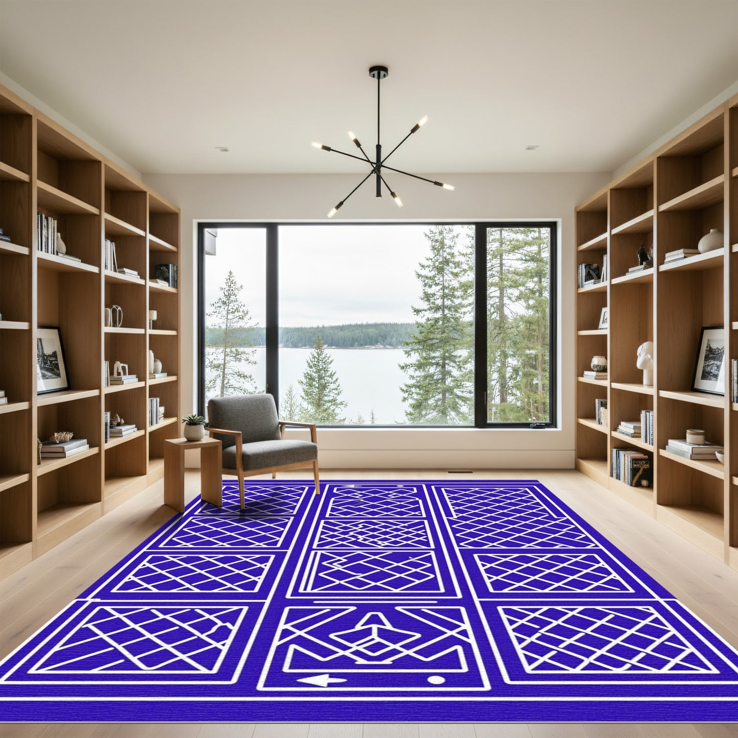 Blue White Lattice Geometric Grid Rug