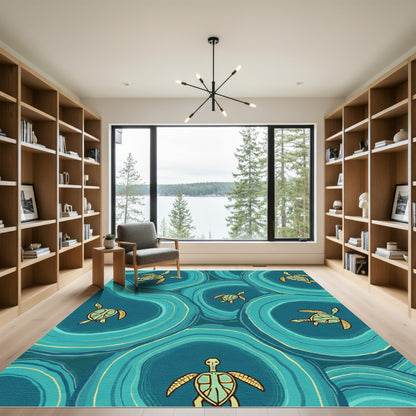 Oceanic Teal Sea Turtle Swirl Rug