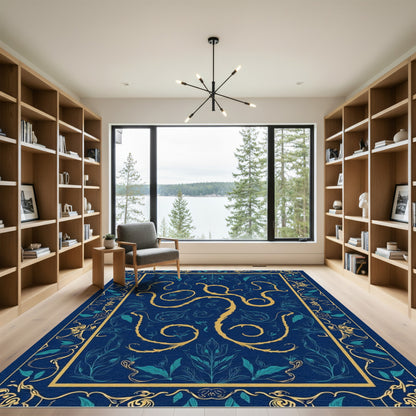 Deep Teal Gold Floral Vine Rug