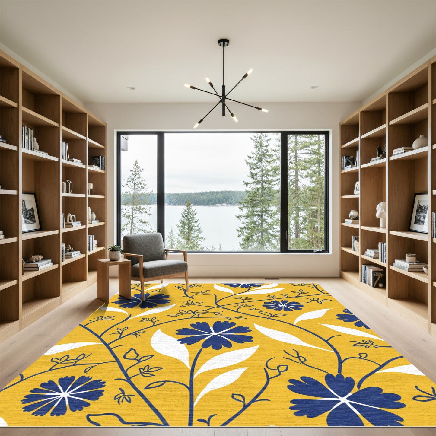 Golden Yellow Blue Floral Vines Rug